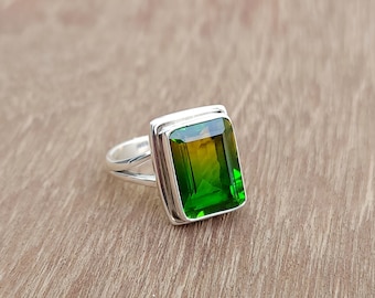 Bi Color Tourmaline Ring, 925 Solid Sterling Silver Ring, Beautiful Multi Color Tourmaline Quartz Emerald Cut Ring, Women Ring, Gift Ring