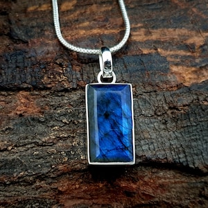 Labradorite Pendant, 925 Sterling Silver Pendant, Natural Rectangle Blue Labradorite Gemstone Necklace Pendant, Yellow Gold Pendant