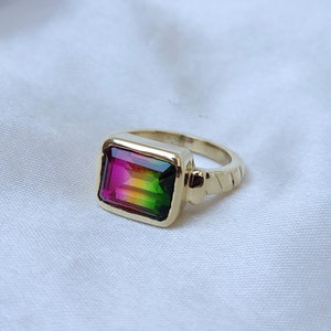 Chevalière tourmaline pastèque, bague en or jaune 18 carats, argent sterling 925, pierre précieuse de quartz tourmaline taille émeraude multicolore, bague cadeau