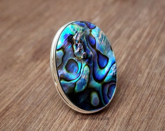 Big Gemstone Abalone Shell Ring, 925 Solid Sterling Silver Ring, Oval Abalone Shell Jewelry, Women Ring, Bohemian Ring, Gift Ring for Her