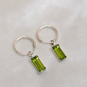 Baguette Peridot Hoop Earrings, 925 Sterling Silver, Birthstone Earrings, Gift for Her, 22k Gold Small Earrings, Tiny Hoops Earrings
