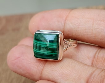 Natural Malachite Ring Square Gemstone Ring Women Silver Ring Men Ring 925 Sterling Silver Ring Gift Ring Hand Crafted Boho Jewelry
