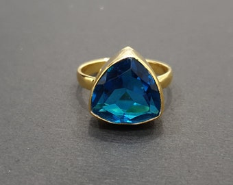 Blue Topaz Ring, Blue Quartz Stone Ring, 925 Solid Sterling Silver Ring, Yellow Gold ring, Handmade ring, Gemstone Ring, Women Ring