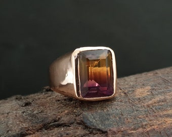 Ametrine Ring, 925 Solid Sterling Silver Ring, Signet Ring, Octagon Ametrine Crystal Gemstone, Rose Gold, 22K Yellow Gold Ring, Gift Ring