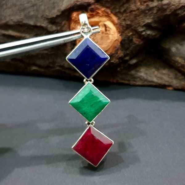 Sapphire Emerald Ruby Pendant, Natural Three Stone Pendant, 925 Solid Sterling Silver Pendant, Gift Pendant, Blue Green Red Pendant