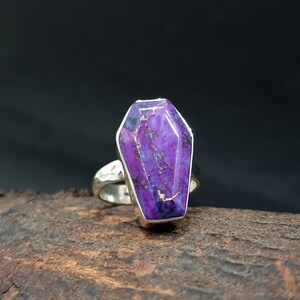 Purple Turquoise Ring, Coffin Ring, 925 Solid Sterling Silver, Coffin Shape Natural Purple Copper Turquoise Gemstone Ring, Rose Gold Ring