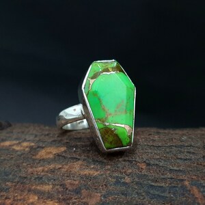 Green Turquoise Ring, Coffin Shape Ring, 925 Solid Sterling Silver Ring, Natural Green Copper Turquoise Gemstone Ring for her, 22K Gold Fill