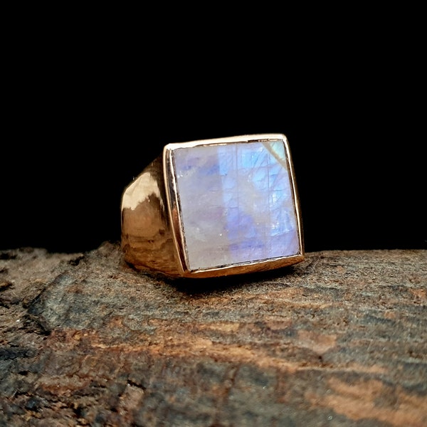 Moonstone Signet Ring For Mens, 925 Sterling Silver Ring, Rainbow Moonstone Gemstone, Rose Gold, 22K Yellow Gold Ring, Birthstone Ring