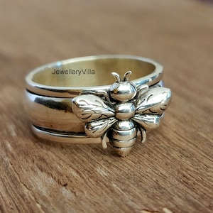 Bee Spinner Ring, Personalized Gift Ring, Engraved Ring, Yellow Gold, 925 Sterling Silver Ring, Fidget Ring, Thumb Women Ring, Honey Ring