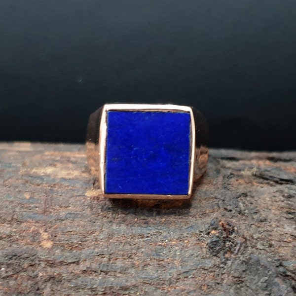 Bague en lapis lazuli pour homme, bague en argent sterling 925, pierre précieuse plate carrée en lapis, finition or rose, bague de remplissage en or jaune 22 carats