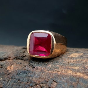 Anello con sigillo quadrato in rubino rosso, argento sterling massiccio 925, anello in rame, anello di fidanzamento immagine 1