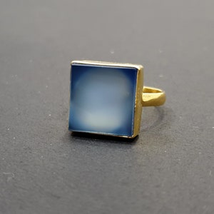 Natural Aqua Chalcedony Gold Ring, 925 Solid Sterling Silver, 22K Yellow Gold Ring, Square Cut Gemstone Ring, Chalcedony Jewelry