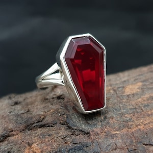Red Garnet Ring, Coffin Ring, 925 Solid Sterling Silver, Coffin Shape Red Garnet Gemstone Ring, Rose Gold, 22k Yellow Gold Fill