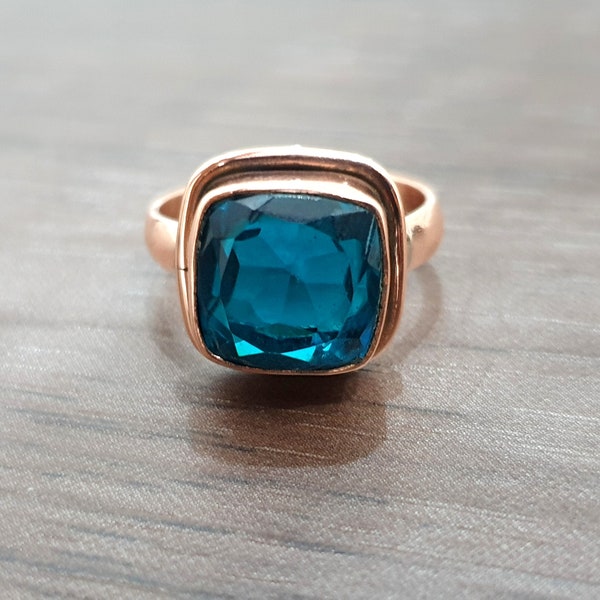 Amazing London Blue Topaz Ring, 925 Solid Sterling Silver, Copper Ring, Rose Gold Finish, 22K Yellow Gold Ring, Blue Quartz Cushion Gemstone