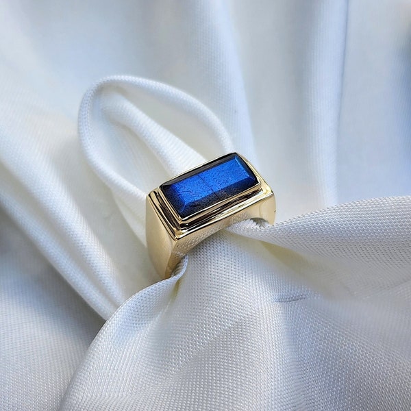 Natural Labradorite Signet Ring, 18k Gold Plated Ring, 925 Solid Sterling Silver Ring, Blue Rectangle Labradorite Ring, Men Ring, Women Ring