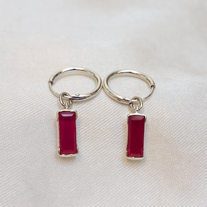 Aros de rubí baguette, plata de ley 925, aros pequeños, regalo de aniversario, oro amarillo