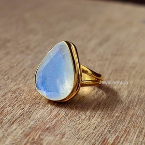 Natural Moonstone Ring, Pear Shape Blue Flashy Gemstone Ring, 925 Solid Sterling Silver Ring, Women Gold Ring, Gift Ring, Handmade Ring