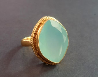 Aqua Chalcedony Ring, 925 Solid Sterling Silver Ring, Natural Chalcedony Gemstone Ring, Yellow Gold Ring, Women Ring, Gift Ring for Her