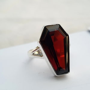 Natural Garnet Coffin Ring, 925 Solid Sterling Silver, Coffin Shape Natural Red Garnet Gemstone Ring, Gift Ring, 22K Yellow Gold Fill