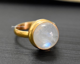Moonstone Ring, Engraved Ring, 925 Solid Sterling Silver Ring, Round Cut Natural Rainbow Moonstone, Rose Gold, 22K Yellow Gold Fill Ring