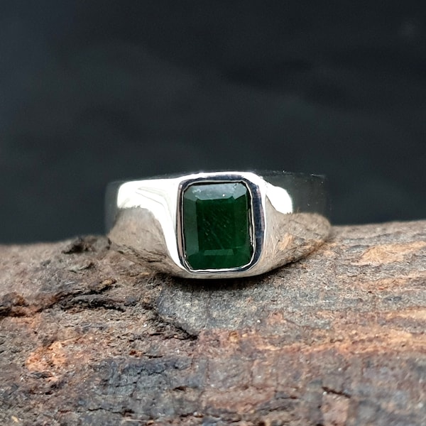 Emerald Ring, Gemstone Ring, Solid Sterling Silver Ring, Handmade Ring, Natural Green Emerald Gemstone, Yellow Gold Fill Ring, Mens Ring