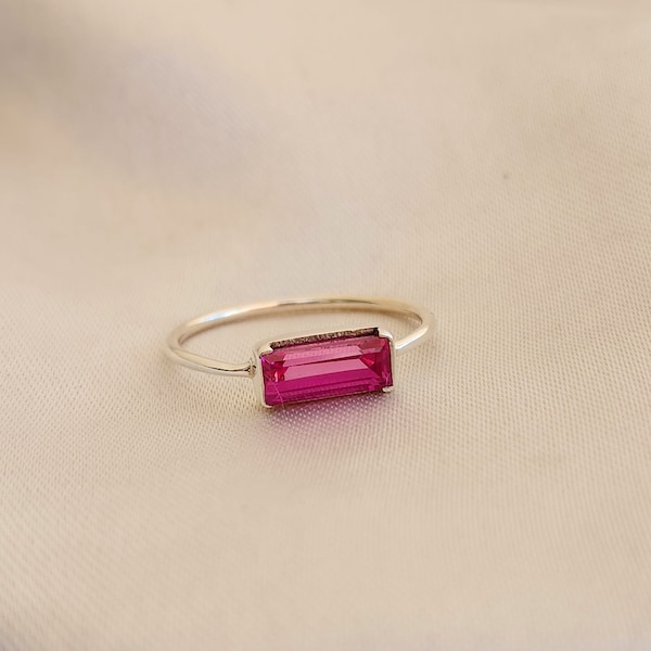 Baguette Pink Tourmaline Ring, 925 Sterling Silver, Birthday Gift, Birthstone Ring, Gold Ring, Pink Gemstone Ring, Minimalist Women Ring