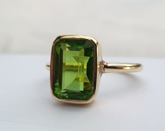 Anillo de peridoto, plata de ley sólida 925, hermosa piedra preciosa de cuarzo de peridoto verde de talla cojín, oro rosa, relleno de oro amarillo de 22 qt, anillo de regalo