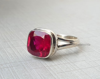 Bague rubis, bague en argent sterling 925, belle bague rubis rouge taillée avec traitement traité, bague en or jaune, bague femme, cadeau pour elle