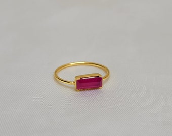 Baguette Ruby Ring, 18k Gold Ring, 925 Sterling Silver Ring, Birthstone Ring, Gift For Her, Ruby Minimalist Ring, Red Gemstone Ring
