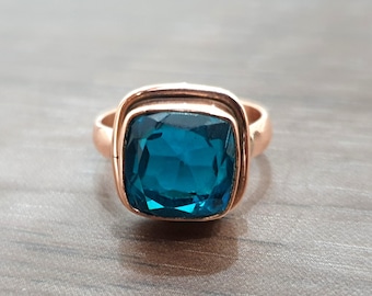 Amazing London Blue Topaz Ring, 925 Solid Sterling Silver, Copper Ring, Rose Gold Finish, 22K Yellow Gold Ring, Blue Quartz Cushion Gemstone