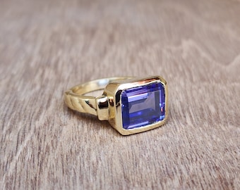 Blue Tanzanite Signet Ring, Yellow Gold Ring, 925 Sterling Silver Ring, Square Tanzanite Gemstone Ring, Solitaire Ring, Women Ring, Men Ring