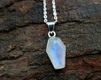 Moonstone Pendant, 925 Solid Sterling Silver Pendant, Natural Rainbow Moonstone Gemstone, Coffin Pendant, 22K Yellow Gold Fill Pendant