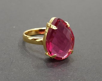 Gold Tourmaline Ring, 925 Solid Sterling Silver, 22K Yellow Gold Fill Ring, Handmade Ring, Pink Stone Ring, Womens Ring, Gift for Her