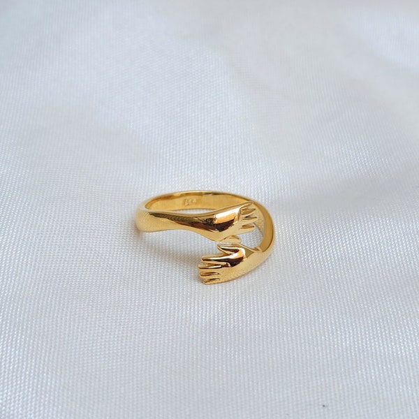 18k Yellow Gold Hug Ring, 925 Sterling Silver Ring, Promise Ring, Adjustable Ring, Gift For Women, Hugging Hand Ring, Minimalist Ring