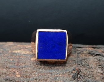 Lapis Lazuli Ring Mens, 925 Solid Sterling Silver Ring, Flat Square Shape Lapis Gemstone, Rose Gold Finish, 22K Yellow Gold Fill Ring