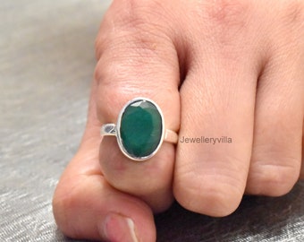 Natural Emerald Ring, 925 Solid Sterling Silver Ring, Engraved Ring, Mens Ring, Women Ring, Oval Emerald Ring, Gift Ring, Handmade Ring