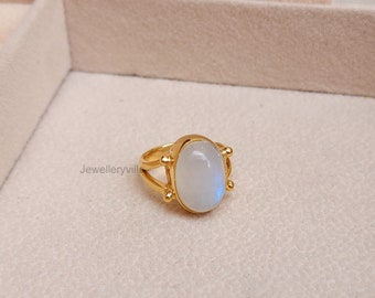 Natural Moonstone Ring, 925 Sterling Silver Ring, Yellow Gold Ring, Oval Rainbow Moonstone Ring, Gift Ring, Women Ring, Handmade Ring Band