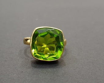 Green Peridot Ring, Handmade Ring, Green Quartz Gemstone Ring, 925 Sterling Silver Ring, Gift Ring, Women Ring, Yellow Gold Plated Ring