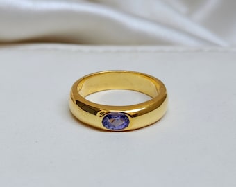 Natural Tanzanite Signet Ring, 18k Gold Ring, 925 Sterling Silver Ring, Genuine Blue Gemstone Ring, Men Ring, Women Ring, Engraved Gift Ring