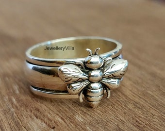 Bee Spinner Ring, Personalized Gift Ring, Engraved Ring, Yellow Gold, 925 Sterling Silver Ring, Fidget Ring, Thumb Women Ring, Honey Ring