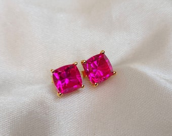Pink Tourmaline Stud Earrings, Cushion Pink Gemstone Earrings, Yellow Gold Earrings, 925 Sterling Silver Stud Earring, Gift For Her