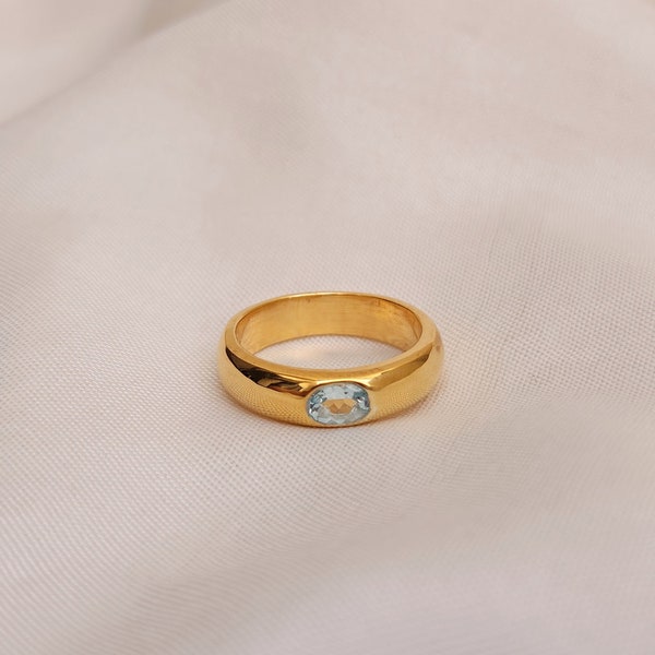 Natural Aquamarine Signet Ring, 18k Gold Ring, 925 Sterling Silver Ring, Gift Ring with Oval Genuine Birthstone, Men Ring, Women Ring