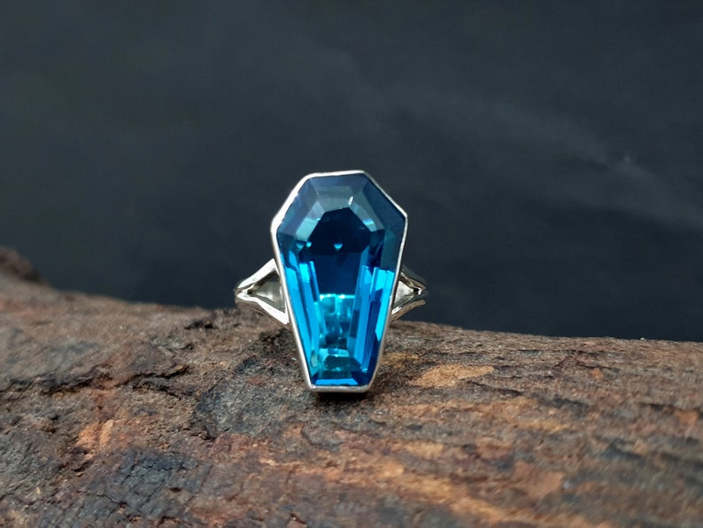 925 Solid Sterling Silver 22K Yellow Gold Fill Ring Coffin Ring Blue Topaz Ring Rose Gold Coffin Shape Blue Topaz Quartz Gemstone Ring