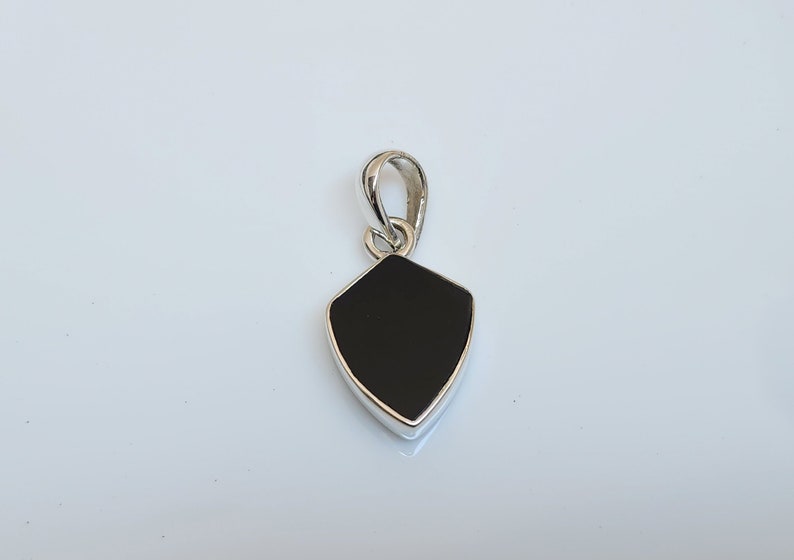May include: A silver pendant with a black shield-shaped stone.