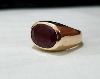 Natural Dark Red Ruby Signet Ring, 925 Solid Sterling Silver Red Ruby Oval Gemstone Ring, 22K Yellow Gold Ring, Copper Ring Jewelry