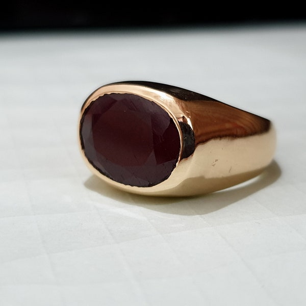 Natural Dark Red Ruby Signet Ring, 925 Solid Sterling Silver Red Ruby Oval Gemstone Ring, 22K Yellow Gold Ring, Copper Ring Jewelry
