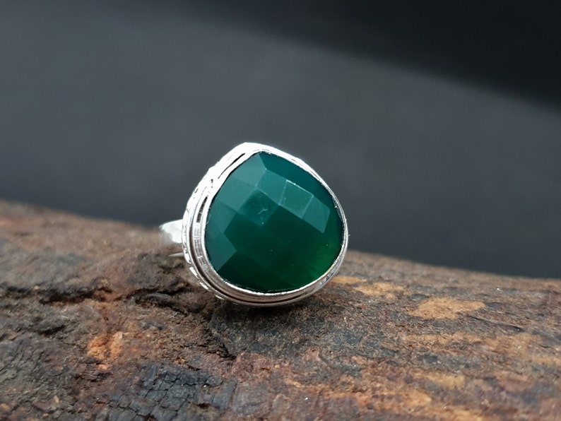 Green Onyx Ring Silver Rose Gold Natural Green Gemstone Ring 925 Solid Sterling Silver 22K Yellow Gold Fill Ring