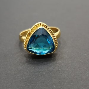 Designer Blue Topaz Ring, 925 Solid Sterling Silver Ring, 22K Yellow Gold Plating Ring, Blue Topaz Quartz Stone Ring, Rose Gold, Women Ring