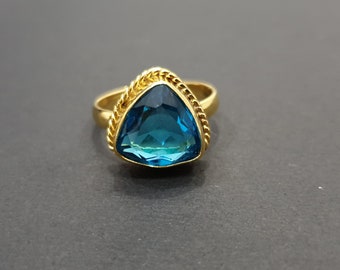 Designer Blauer Topas Ring, 925 Sterling Silber Ring, 22K Gelb Vergoldung Ring, Blauer Topas Quarz Stein Ring, Rose Gold, Frauen Ring