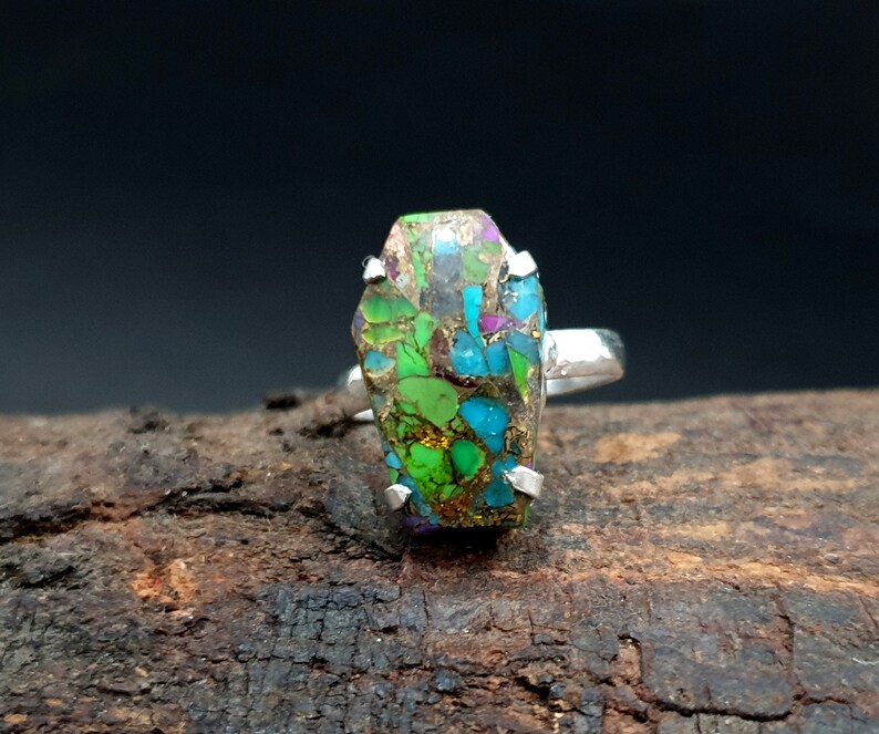 Natural Copper Turquoise Ring Coffin Ring Silver Rose Gold 925 Solid Sterling Silver Ring 22K Yellow Gold Fill Womens Ring Coffin